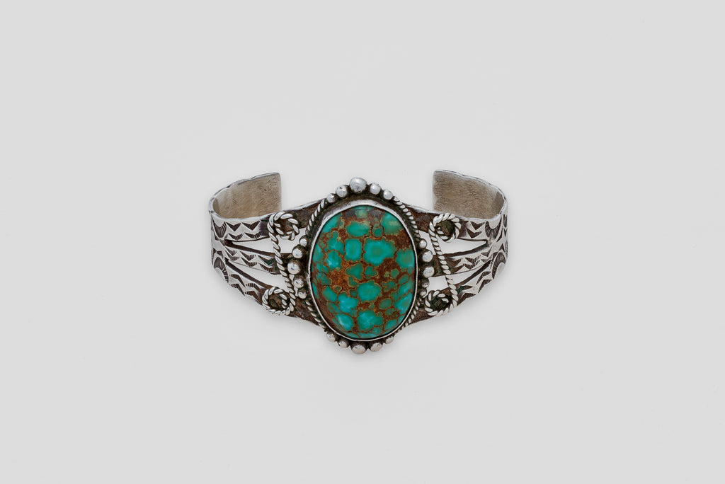 Stamped Spider Web Turquoise Cuff