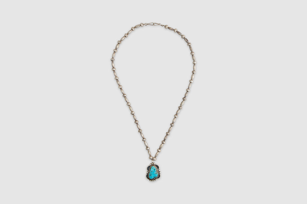 Native American Silver Bead Necklace with Tear Drop Pendant