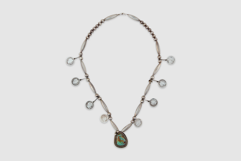 Native American Turquoise Silver Bead & Coin Necklace