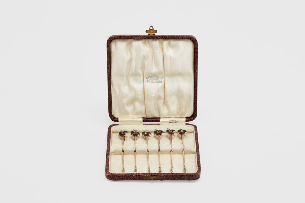 Set of Vermeil Enamel Cherry Cocktail Sticks